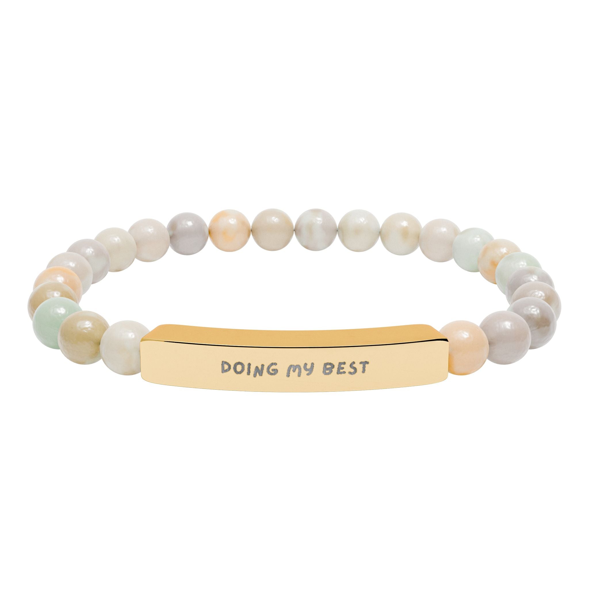 Gold engraved bar bracelet with beige natural stone beads