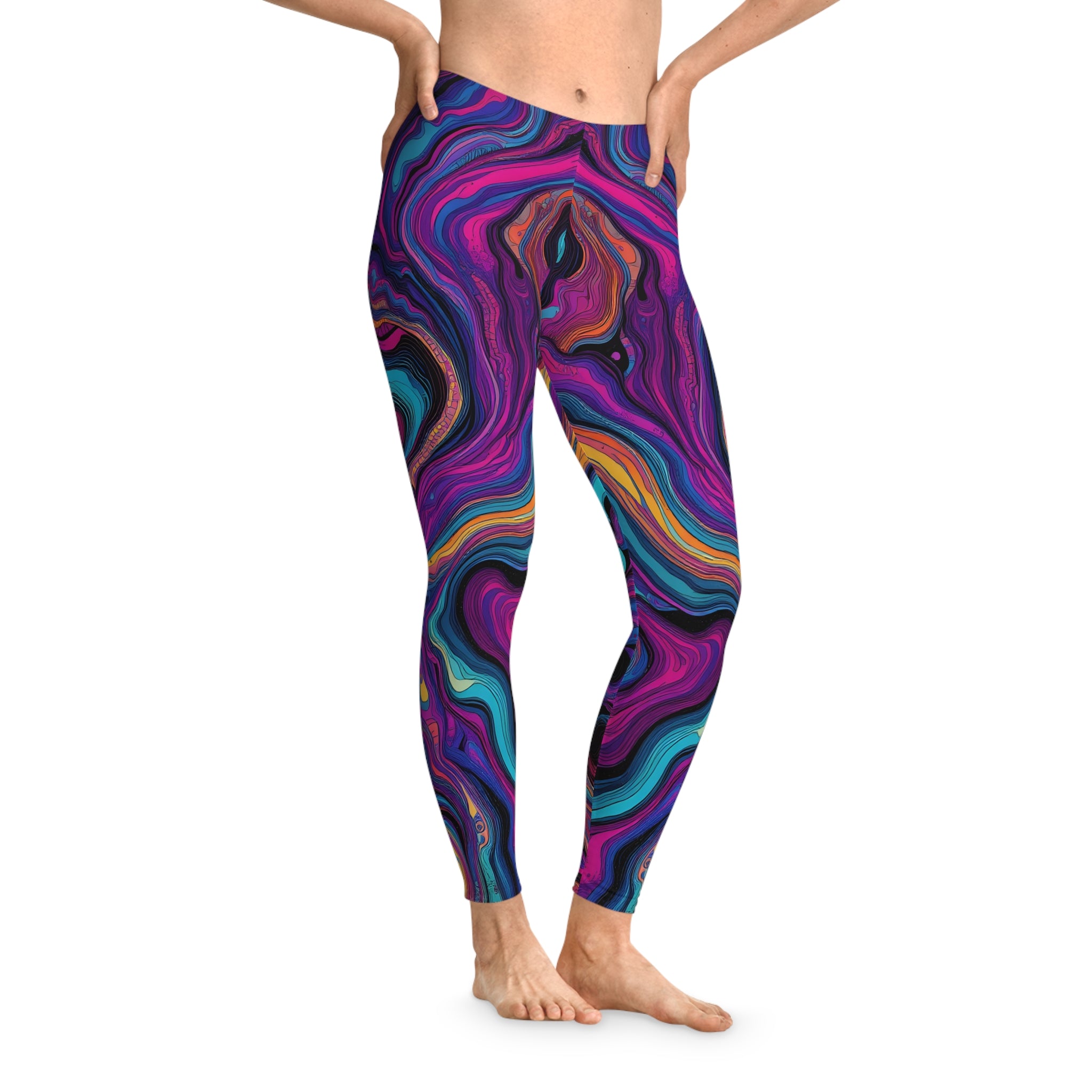 Isometric gradient geometric leggings worn by model, side view