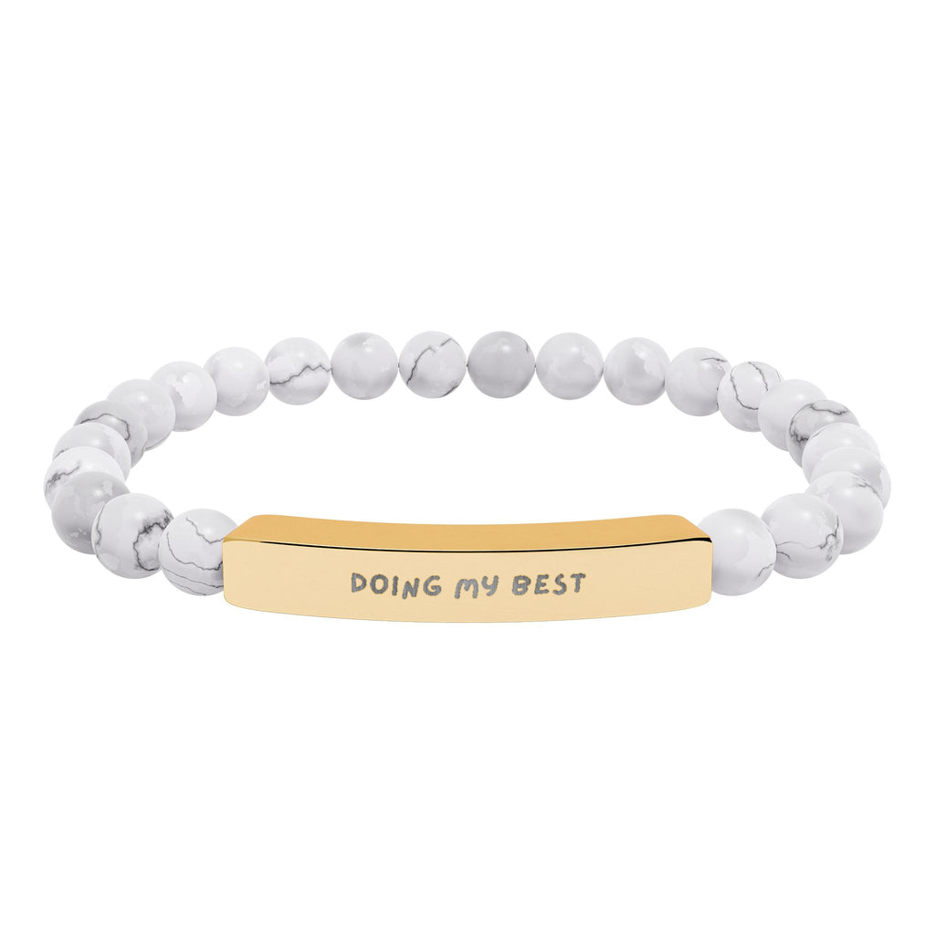 Custom engraved natural stone stretch bracelet with white beads and gold bar