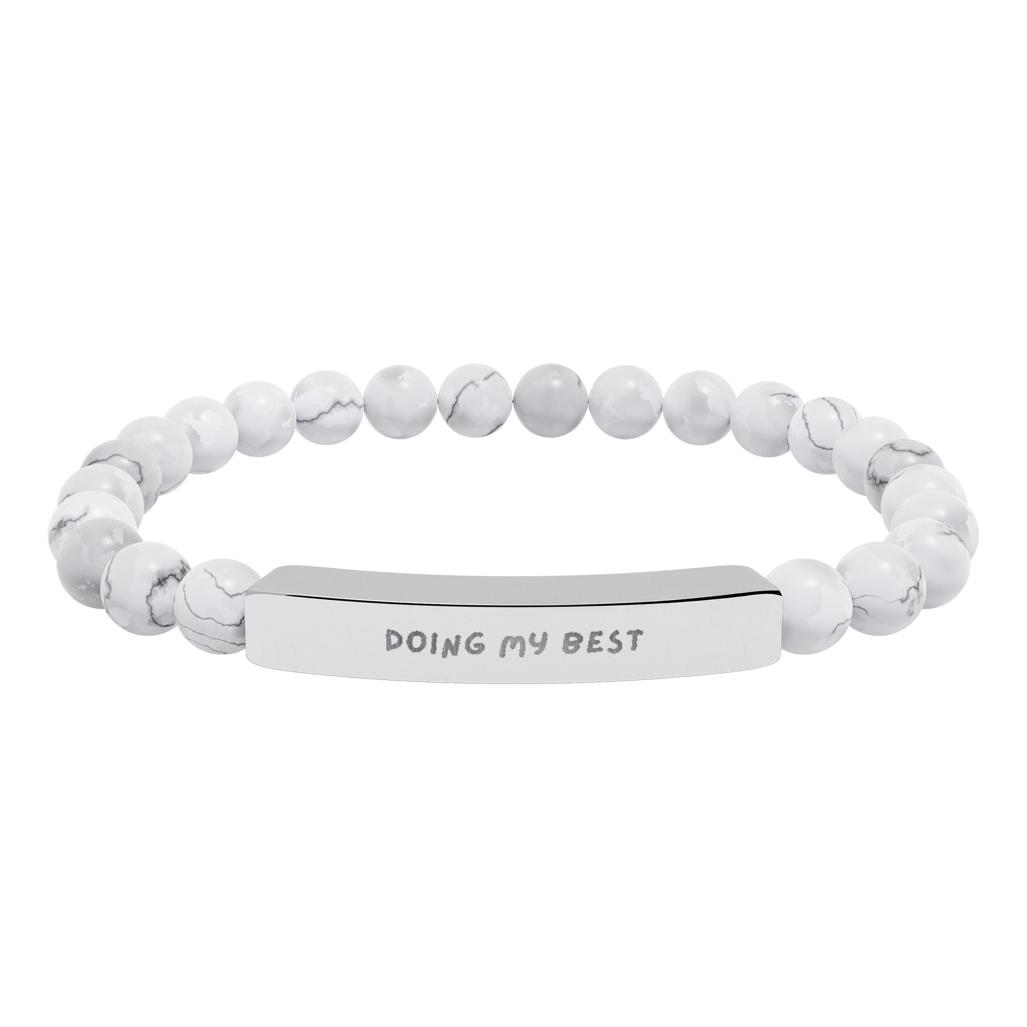 Personalized engraved bar bracelet made with white natural stone beads