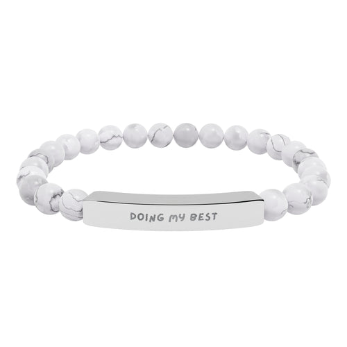 Personalized engraved bar bracelet made with white natural stone beads