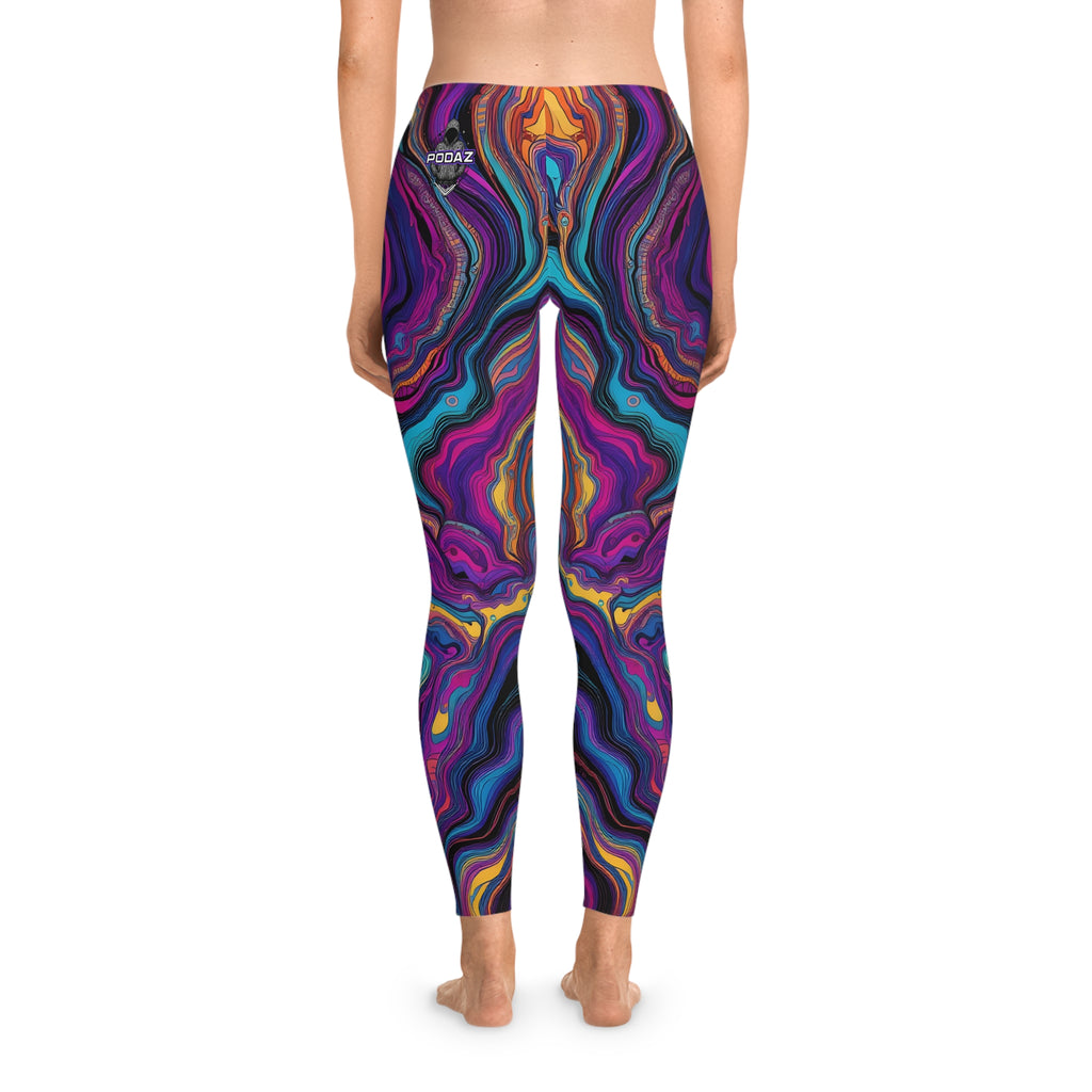 Isometric gradient leggings with colorful geometric design, rear view on model