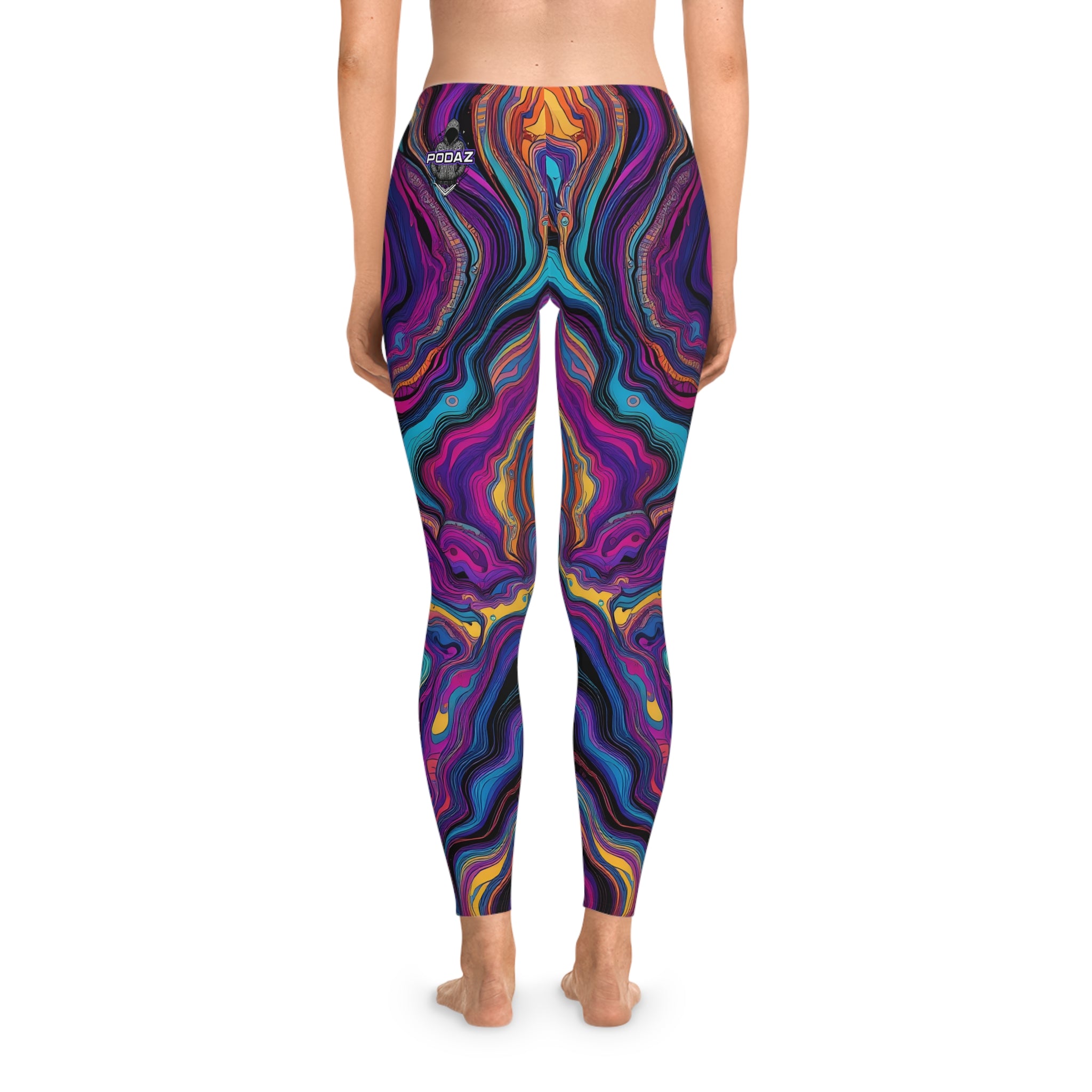Isometric gradient leggings with colorful geometric design, rear view on model
