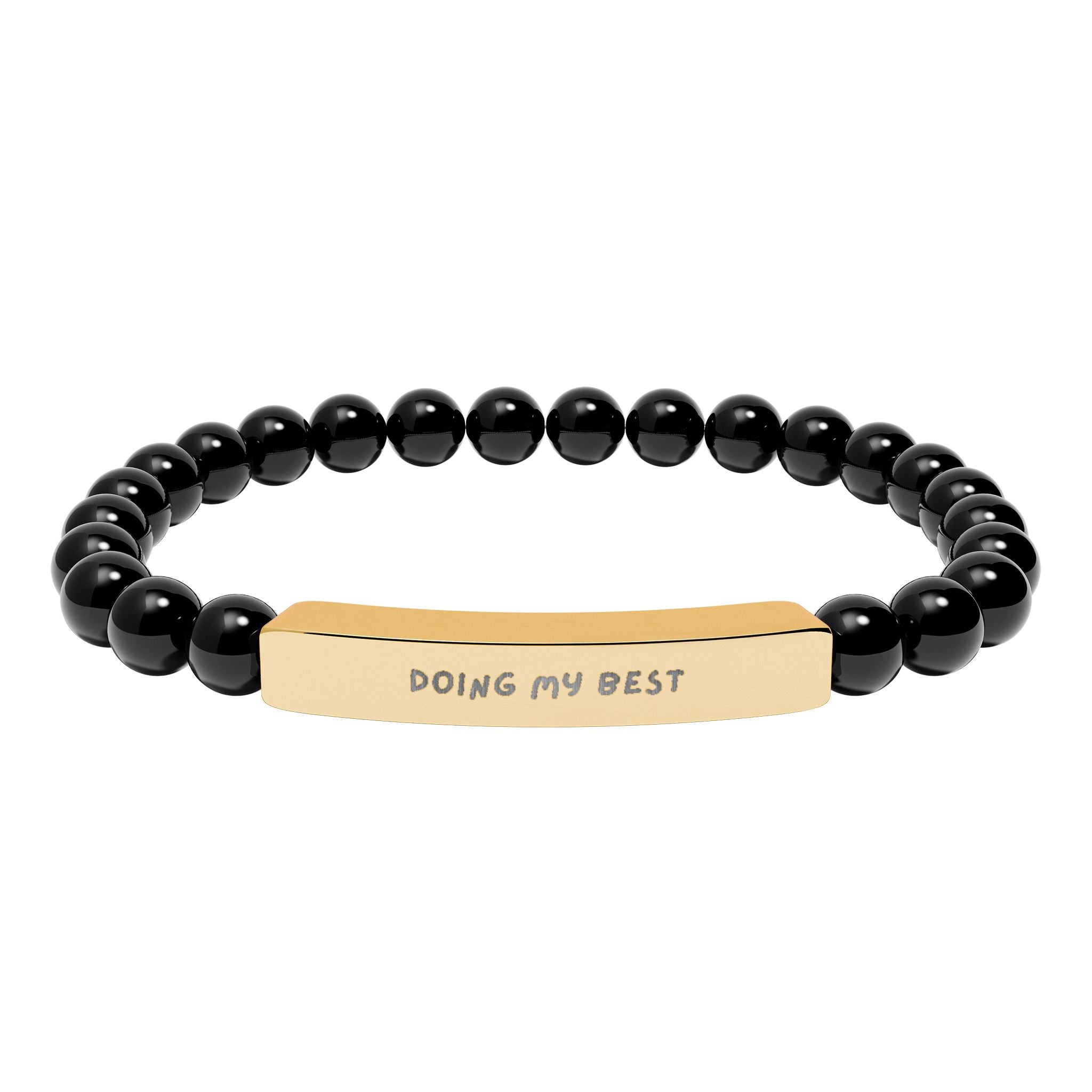 Custom engraved natural stone stretch bracelet with black beads and gold bar