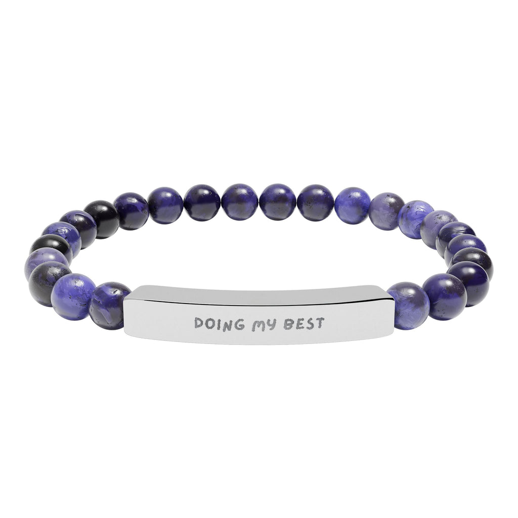 “Purple natural stone stretch bracelet with engraved name bar