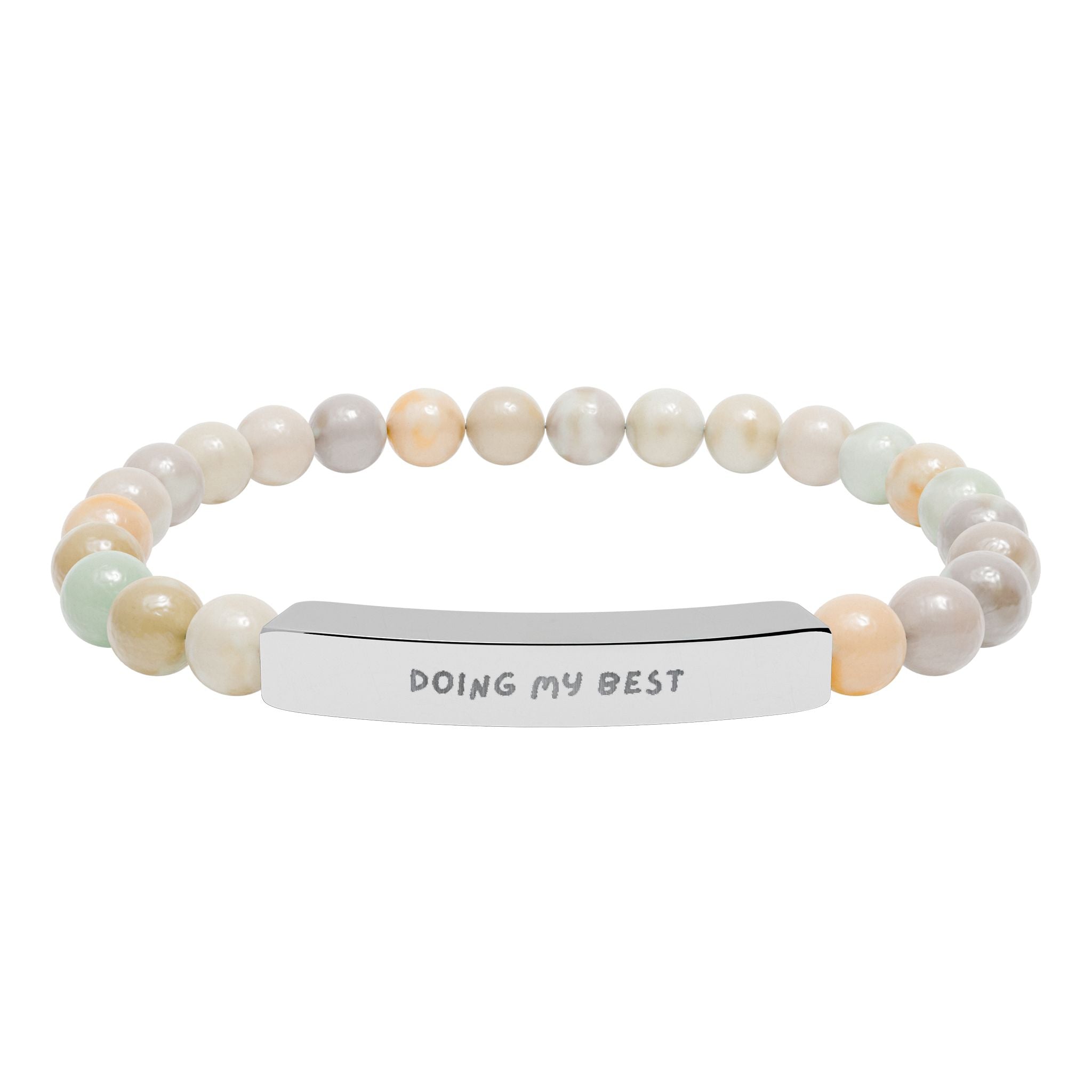 Custom engraved natural stone stretch bracelet with silver bar
