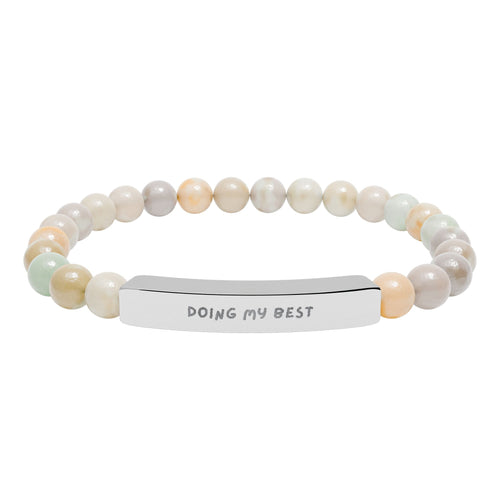 Custom engraved natural stone stretch bracelet with silver bar