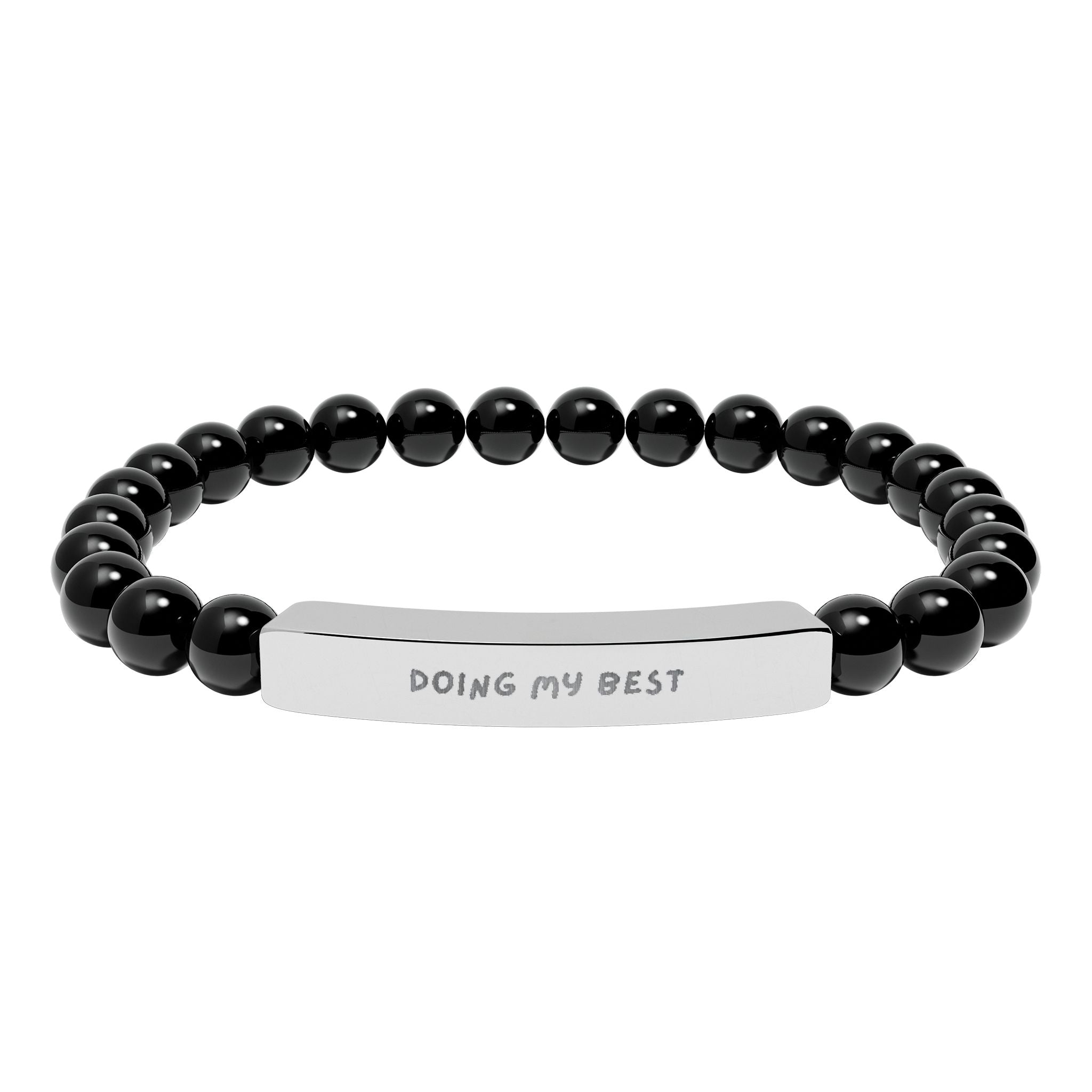 Black natural stone stretch bracelet with custom engraved metal bar