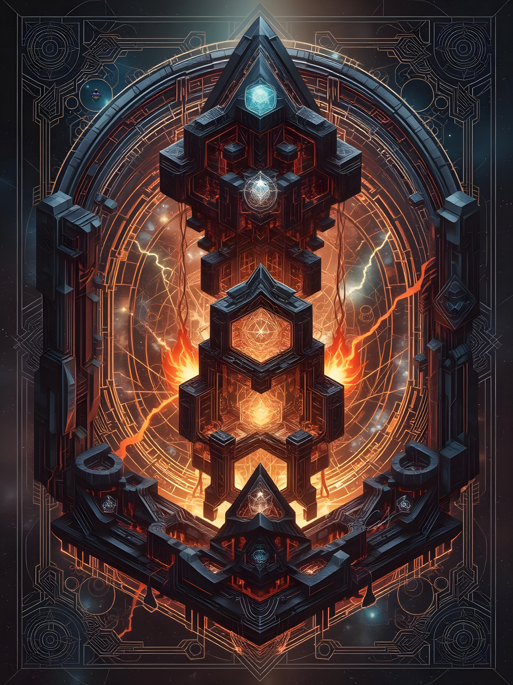 Nuricon Aethryx sigil featuring fiery arcane geometry and energy core