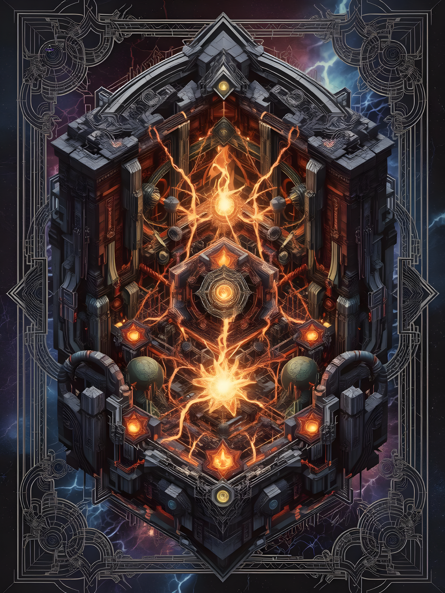 Secimagic technomage sigil with radiant energy core and arcane geometric patterns