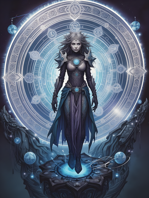Calyx-9 Secimagic Technomage character illustration with glowing arcane circuitry